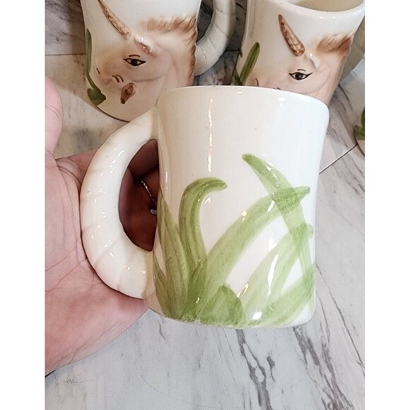 Vintage Hand-Painted Unicorn Mugs Set of 4 3D Horn Handles 70s/80s Fantasy Art - Picture 3 of 16